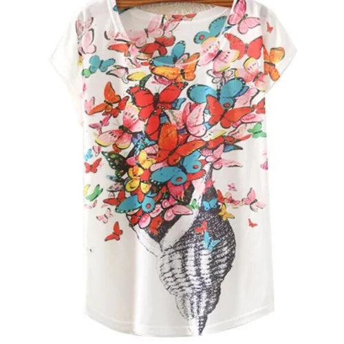 Colorful Butterfly Seashell T-Shirt Graphic Print Summer Tee