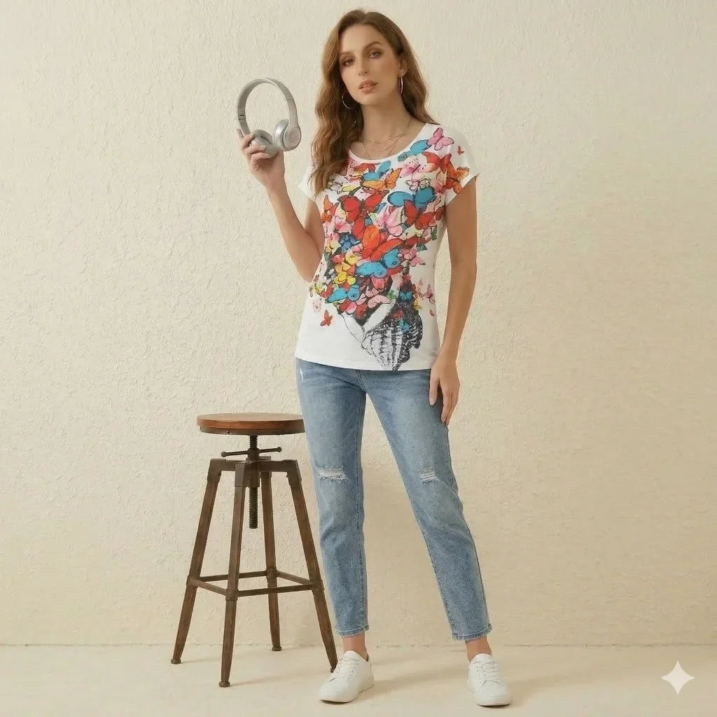 Colorful Butterfly Seashell T-Shirt Graphic Print Summer Tee