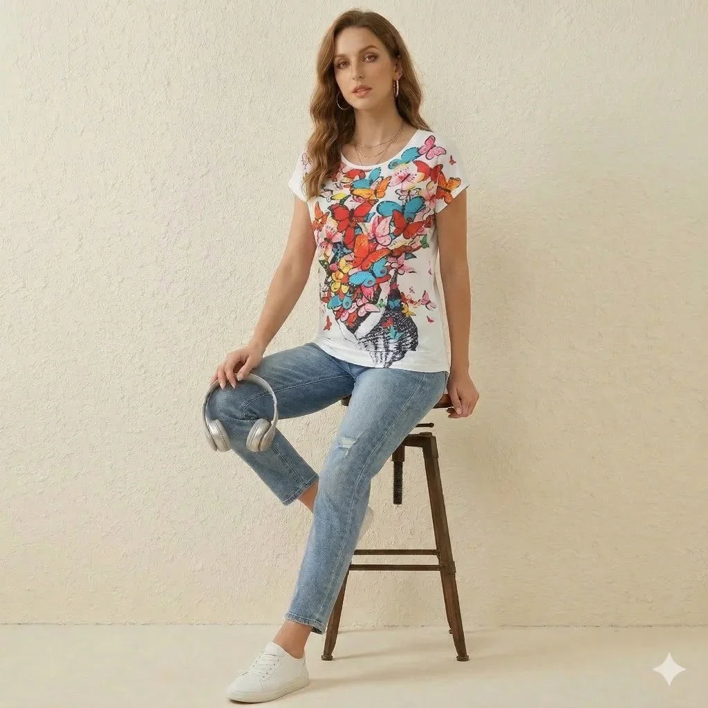 Colorful Butterfly Seashell T-Shirt Graphic Print Summer Tee