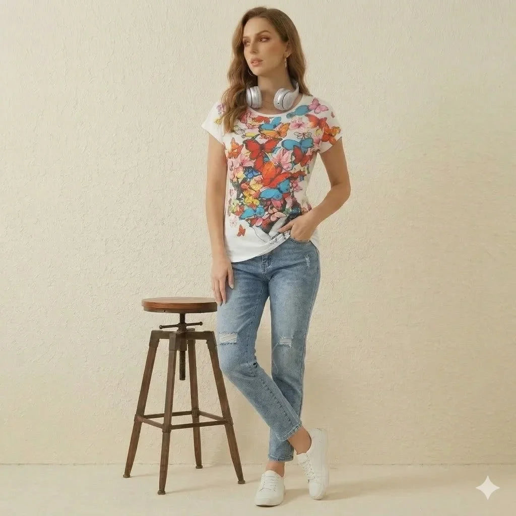 Colorful Butterfly Seashell T-Shirt Graphic Print Summer Tee