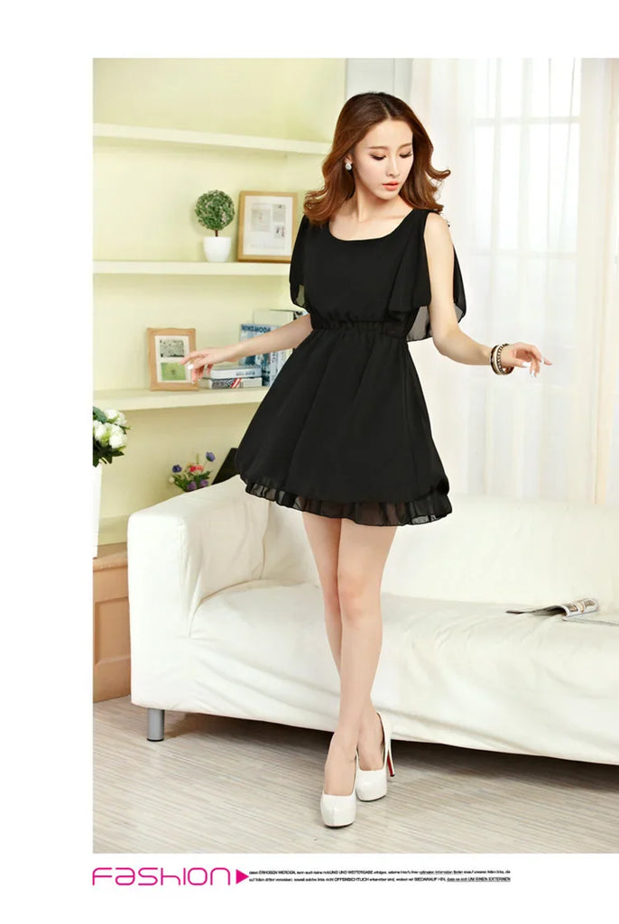 Cut Shoulder Chiffon Summer Dress Faux Twinset Casual Style