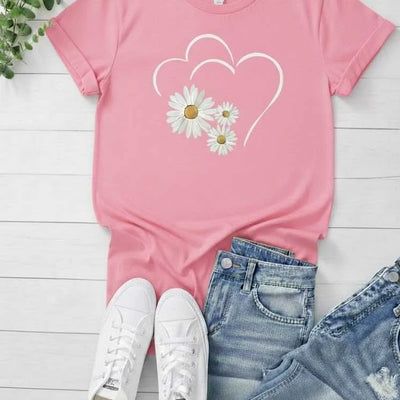Cute Flower Heart Printed T Shirt Women Summer Top