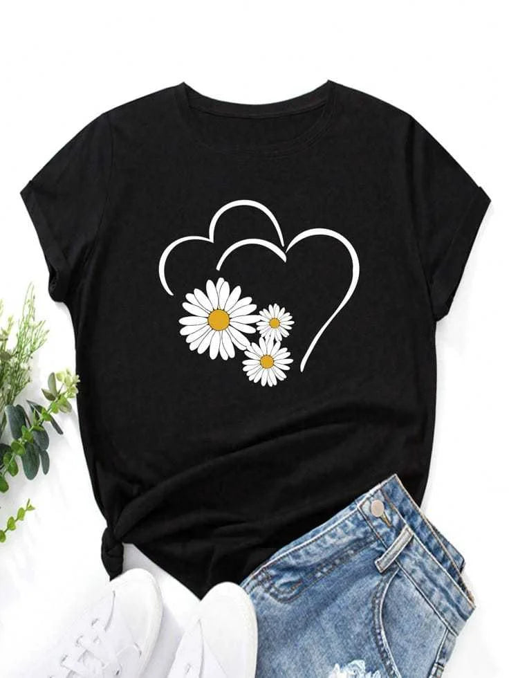 Cute Flower Heart Printed T Shirt Women Summer Top
