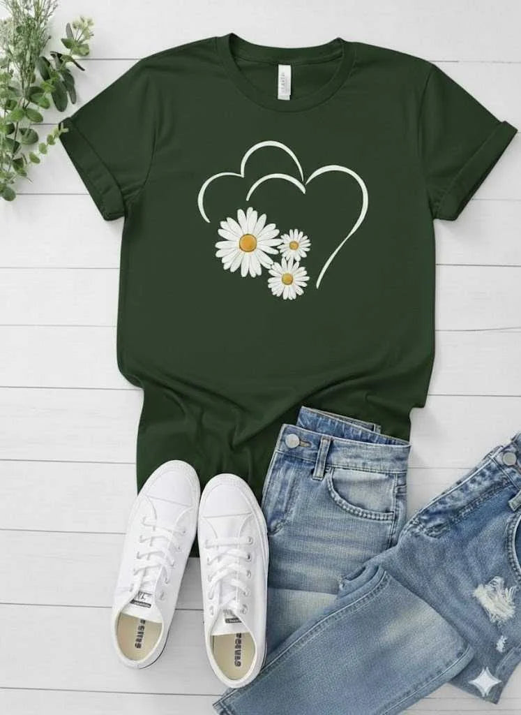 Cute Flower Heart Printed T Shirt Women Summer Top