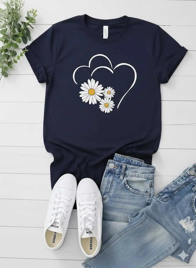 Cute Flower Heart Printed T Shirt Women Summer Top