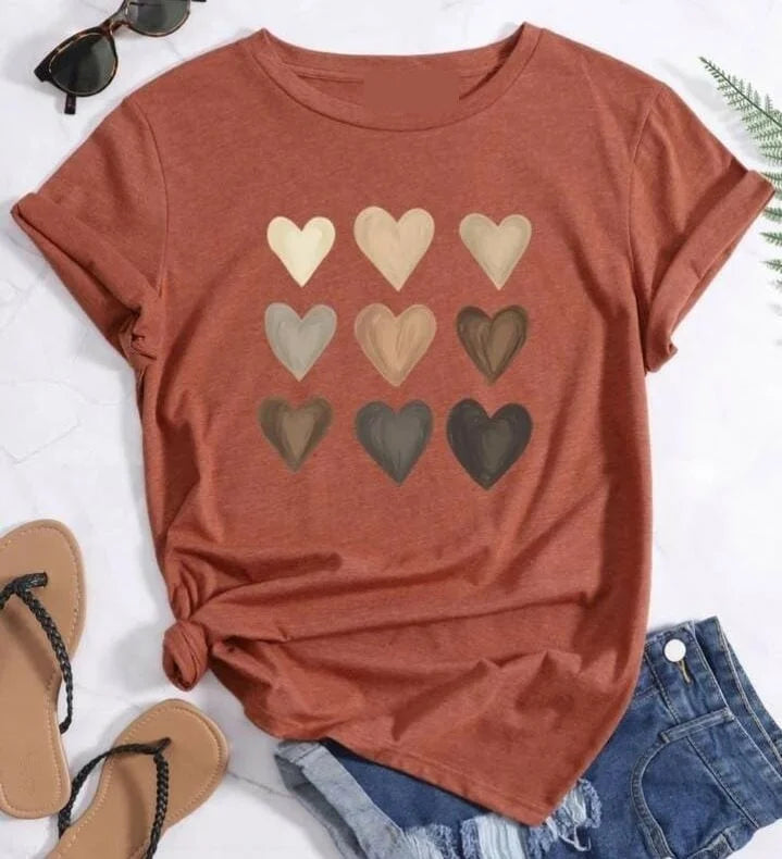 Cute Heart DTF Printed T Shirt Women Summer Top