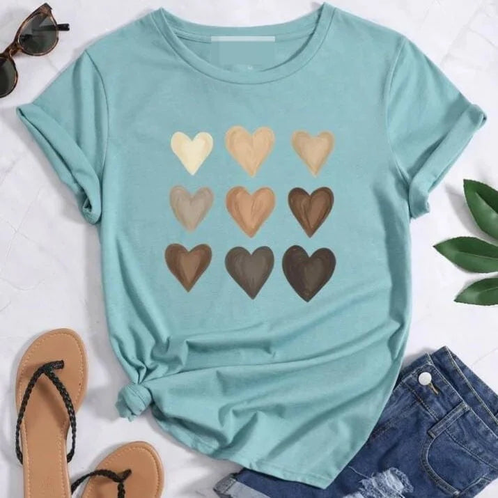 Cute Heart DTF Printed T Shirt Women Summer Top