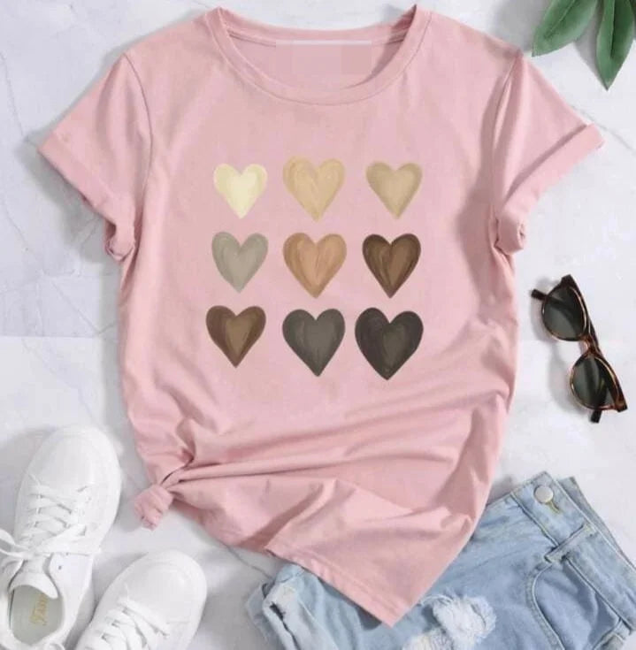 Cute Heart DTF Printed T Shirt Women Summer Top