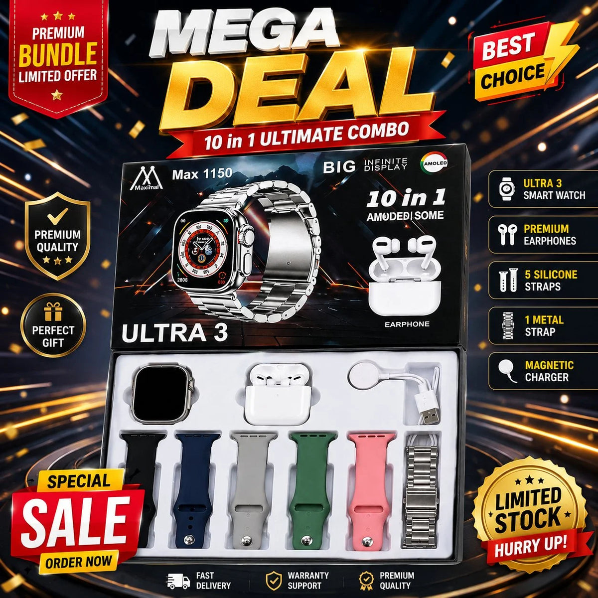 Ultra 3 Smart Watch 10-in-1 Combo with Wireless Earbuds, Multiple Straps & AMOLED Display – Max 1150 Series