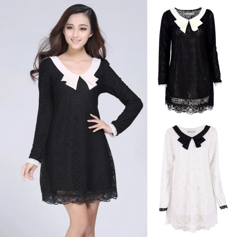 Elegant Floral Lace Mini Dress Long Sleeve Contrast Collar