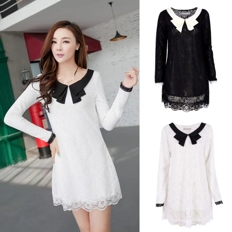 Elegant Floral Lace Mini Dress Long Sleeve Contrast Collar