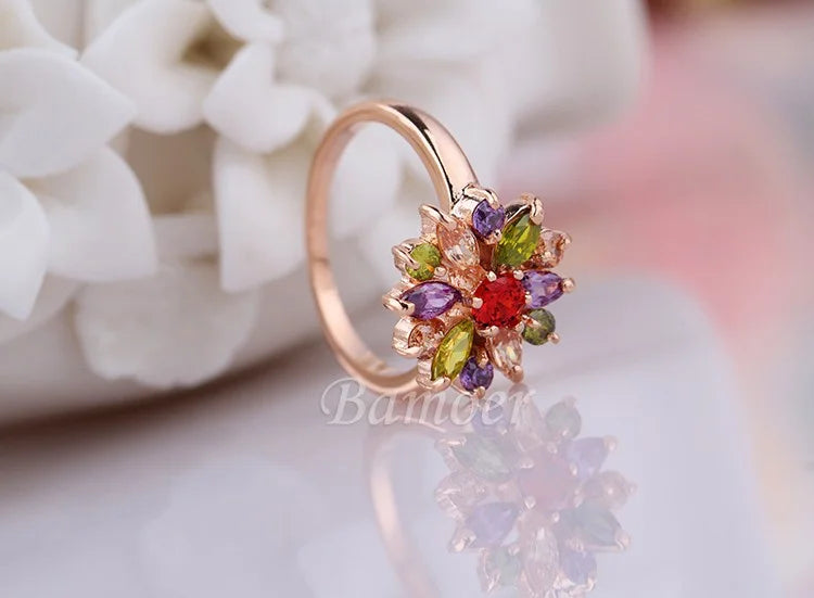 Floral Crystal Statement Ring Women Sunflower Gemstone