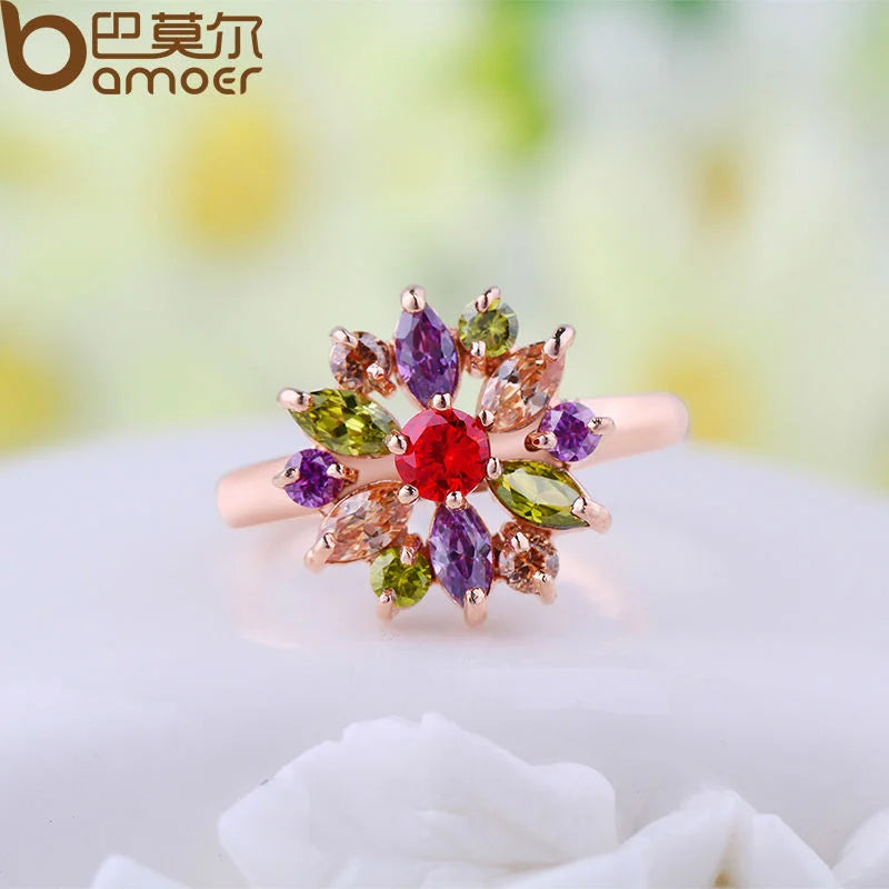 Floral Crystal Statement Ring Women Sunflower Gemstone