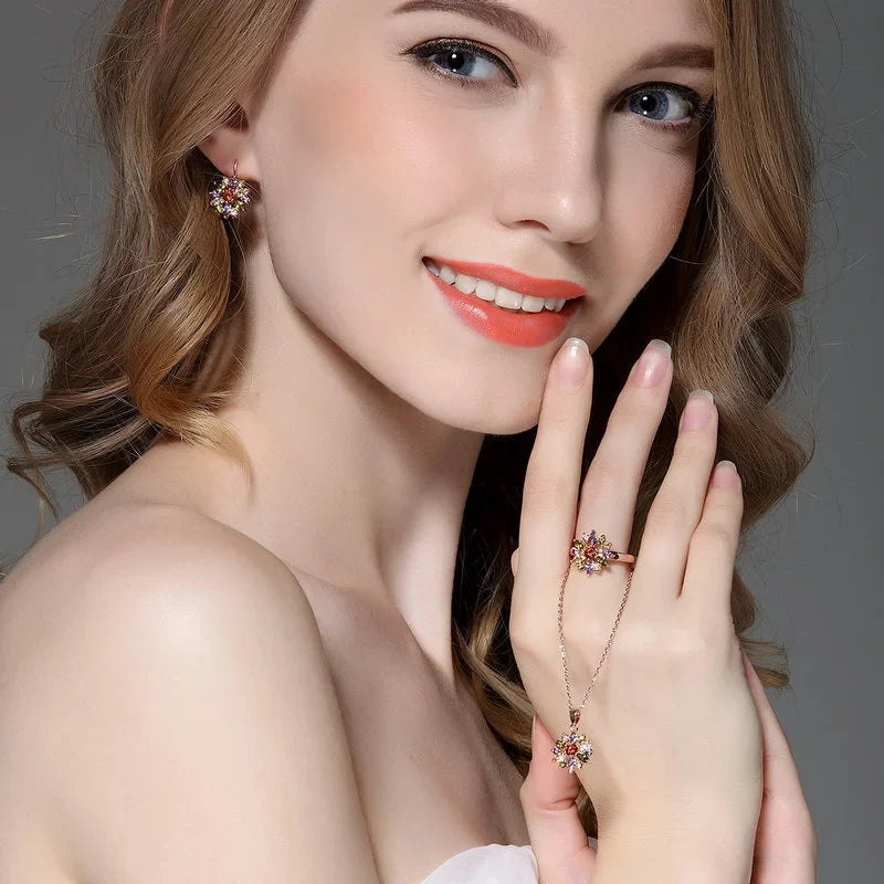 Floral Crystal Statement Ring Women Sunflower Gemstone