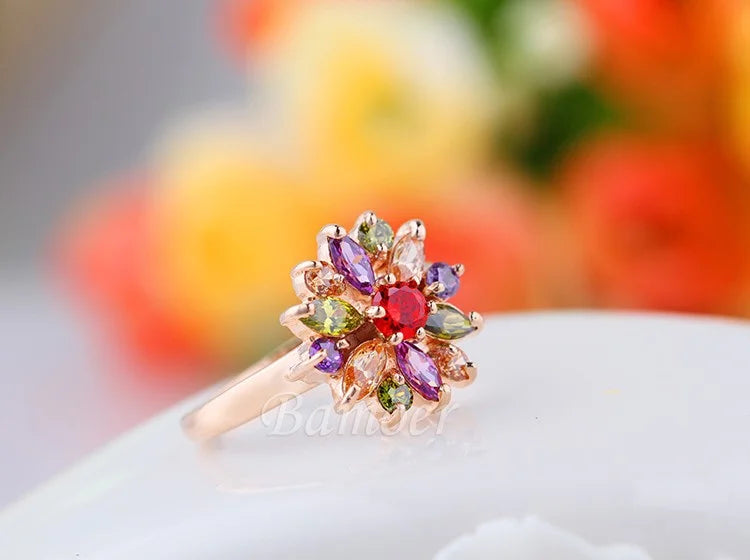 Floral Crystal Statement Ring Women Sunflower Gemstone