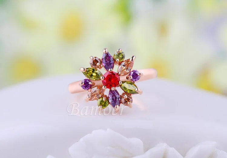 Floral Crystal Statement Ring Women Sunflower Gemstone