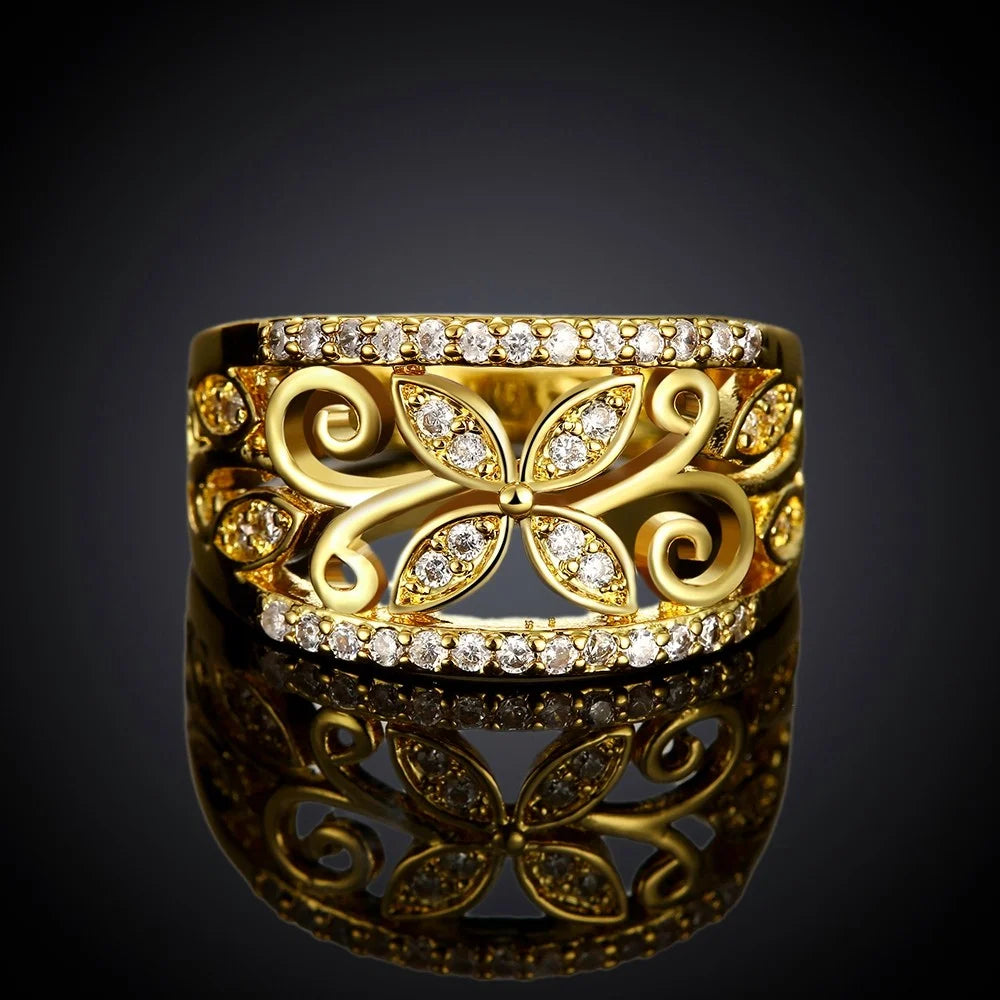 Floral Gold Plated Ring Women CZ Butterfly Statement