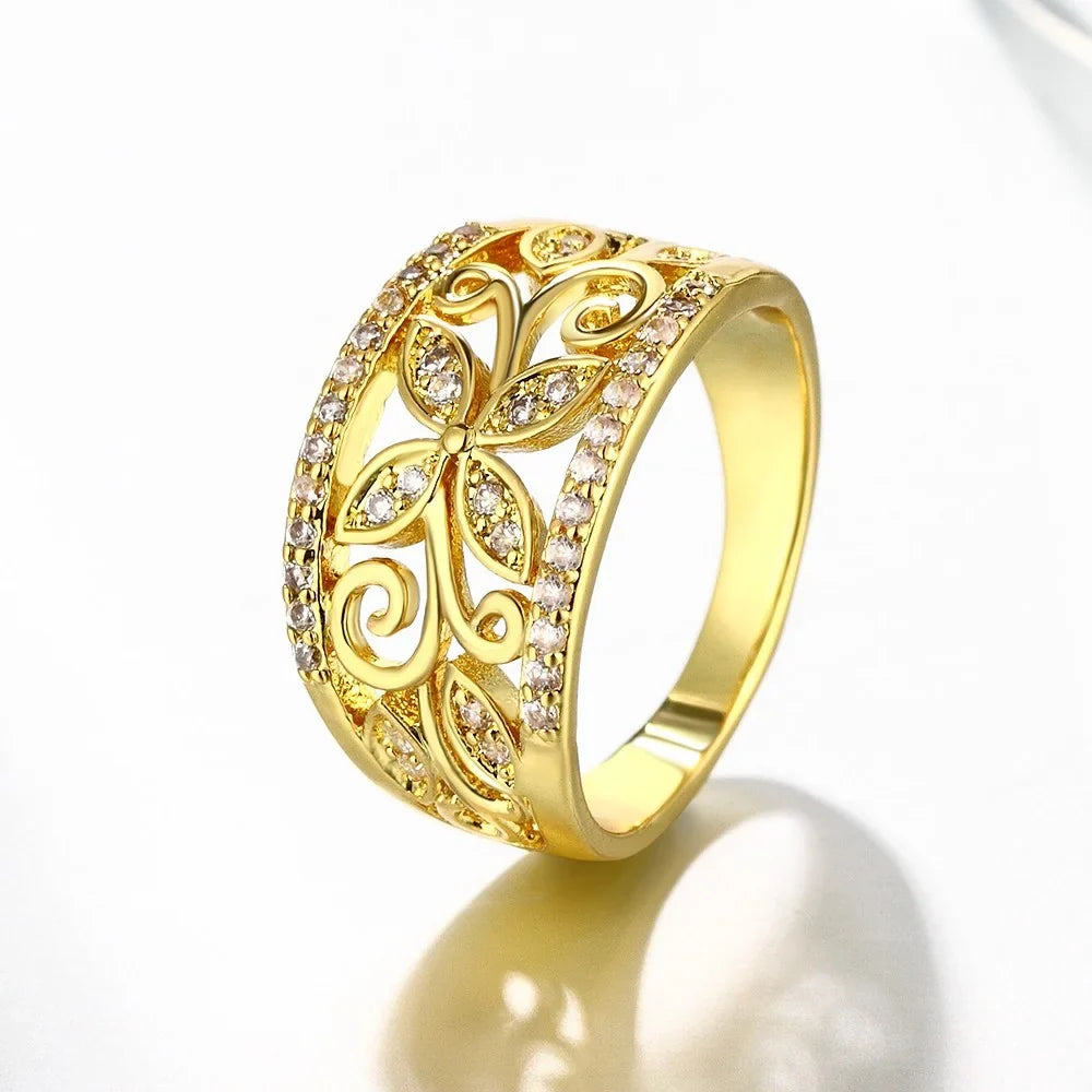Floral Gold Plated Ring Women CZ Butterfly Statement