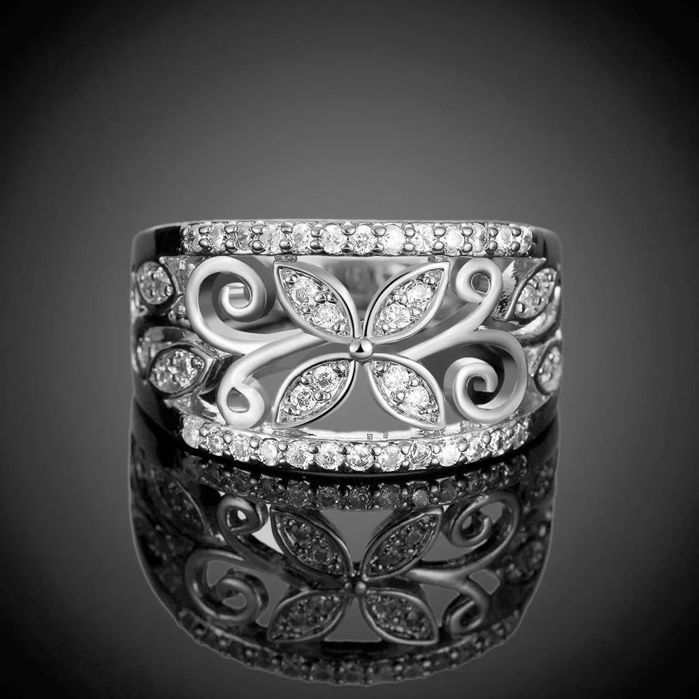 Floral Gold Plated Ring Women CZ Butterfly Statement