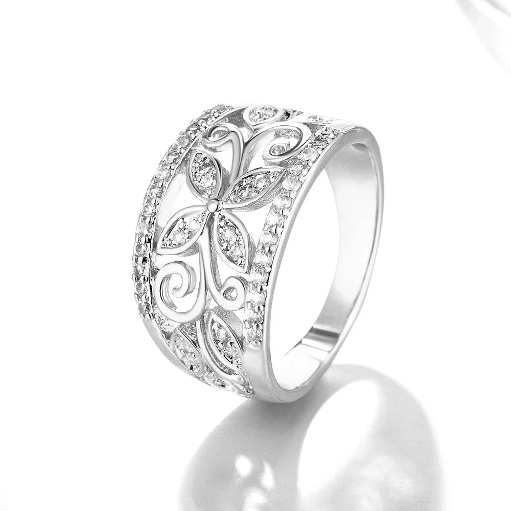 Floral Gold Plated Ring Women CZ Butterfly Statement