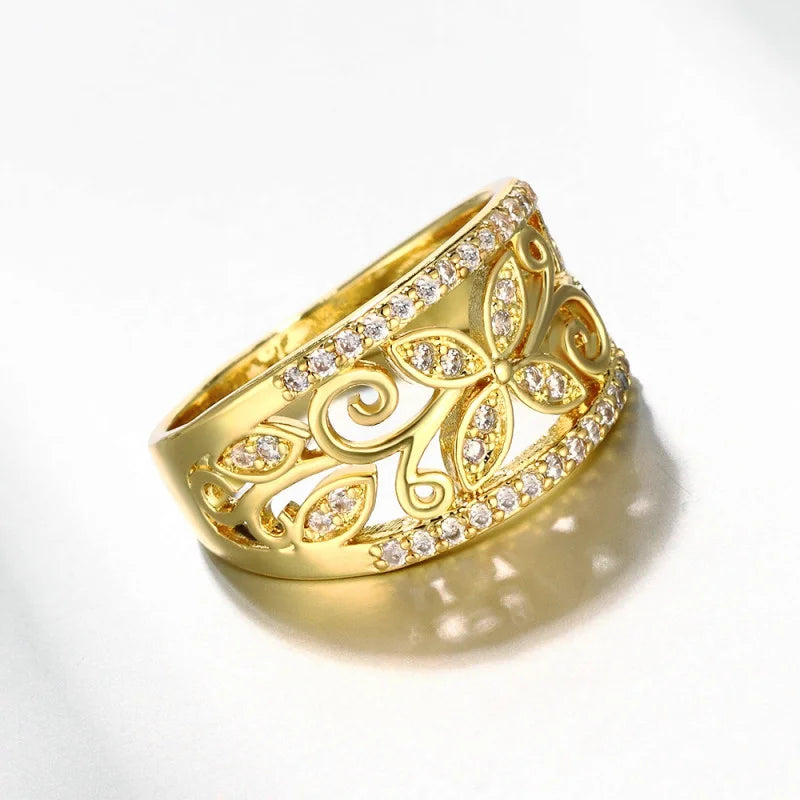 Floral Gold Plated Ring Women CZ Butterfly Statement