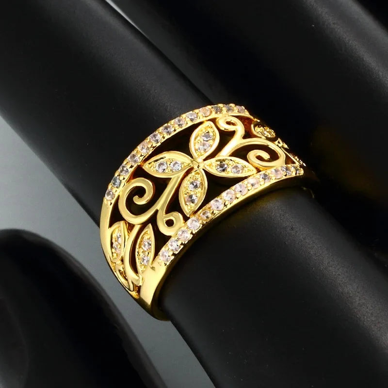 Floral Gold Plated Ring Women CZ Butterfly Statement