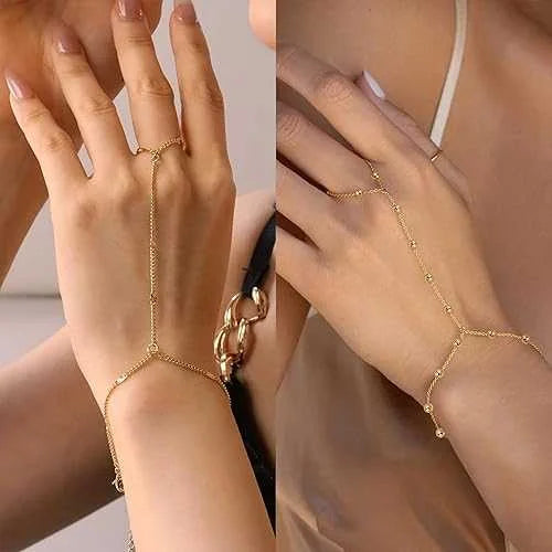 Gold Finger Bracelet Hand Chain Adjustable Ring Pack of 2