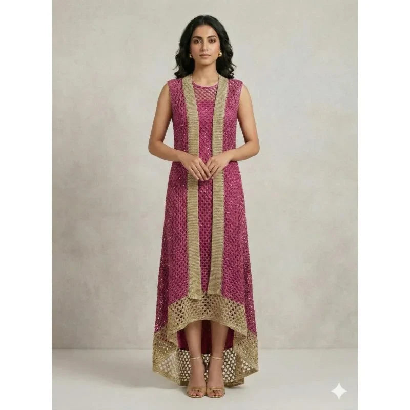 Hand Knitted High Low Party Dress Gold Trim Mesh Gown