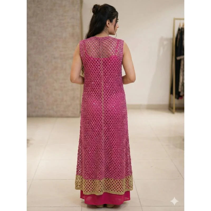 Hand Knitted High Low Party Dress Gold Trim Mesh Gown