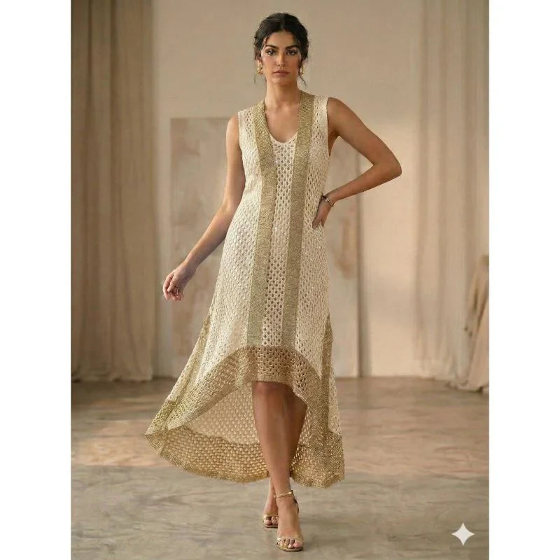 Hand Knitted High Low Party Dress Gold Trim Mesh Gown