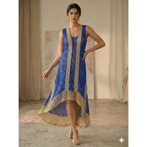 Hand Knitted High Low Party Dress Gold Trim Mesh Gown