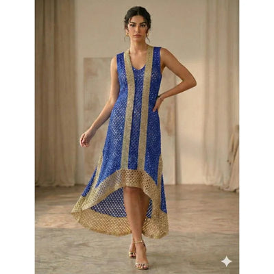 Hand Knitted High Low Party Dress Gold Trim Mesh Gown