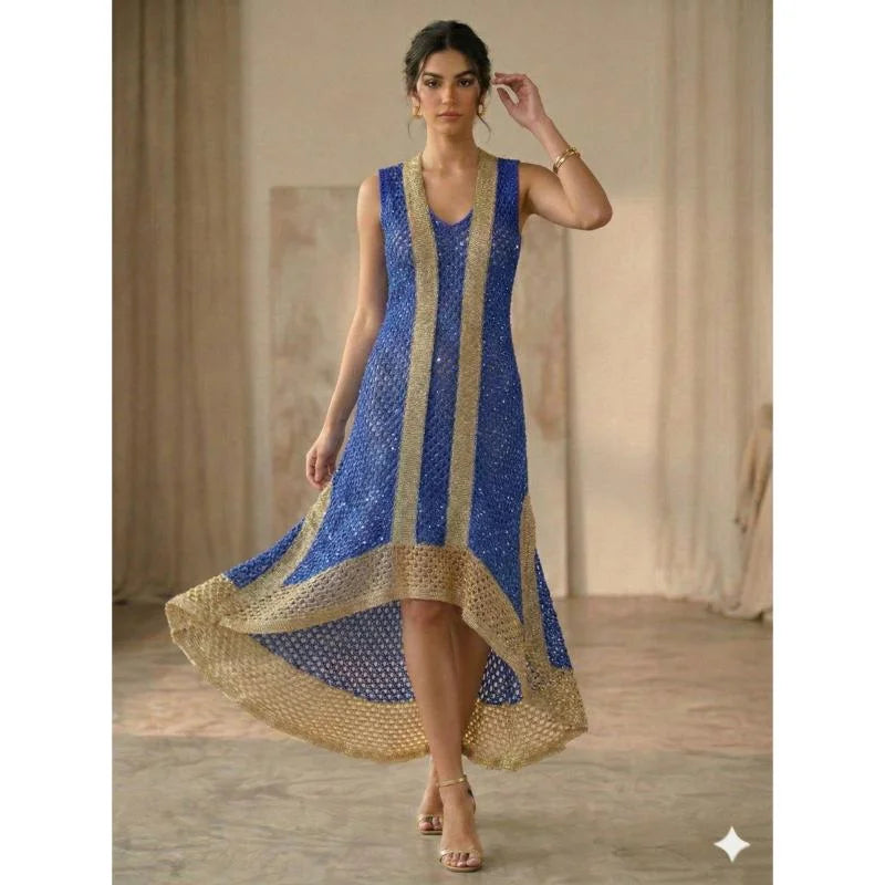 Hand Knitted High Low Party Dress Gold Trim Mesh Gown