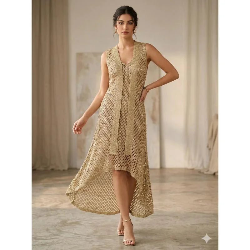 Hand Knitted High Low Party Dress Gold Trim Mesh Gown