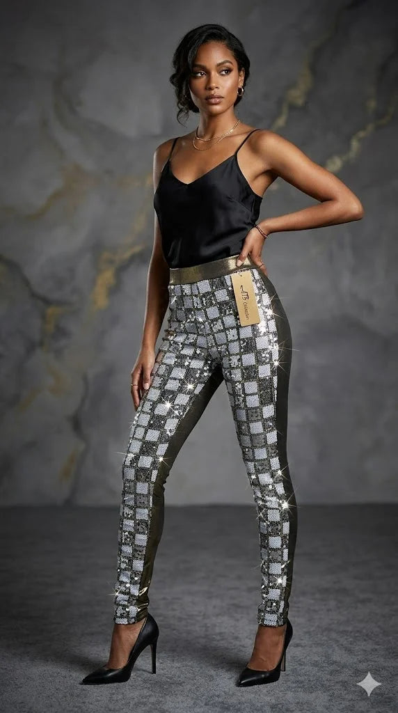 Sequin Checkered High Rise Leggings Metallic Slim Fit