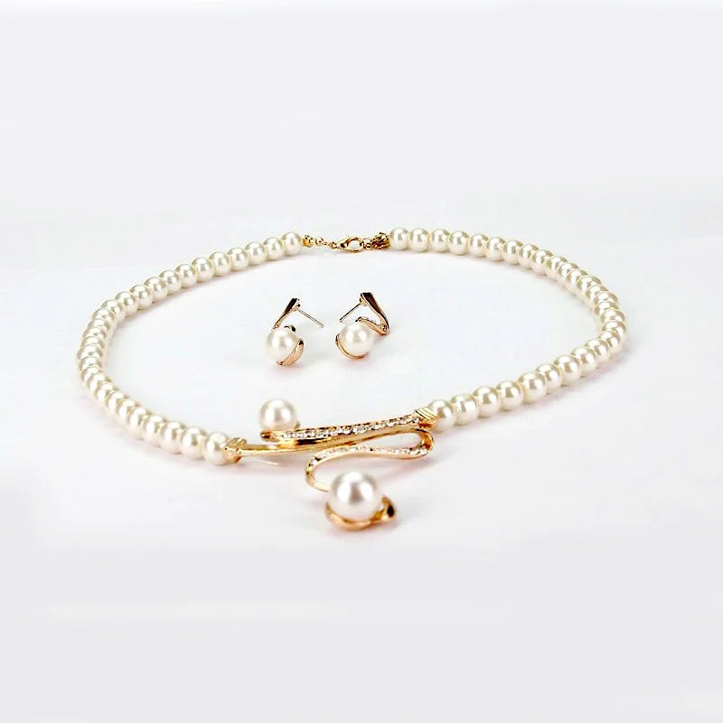 Gold Pearl Rhinestone Jewelry Set Bridal Necklace Earrings