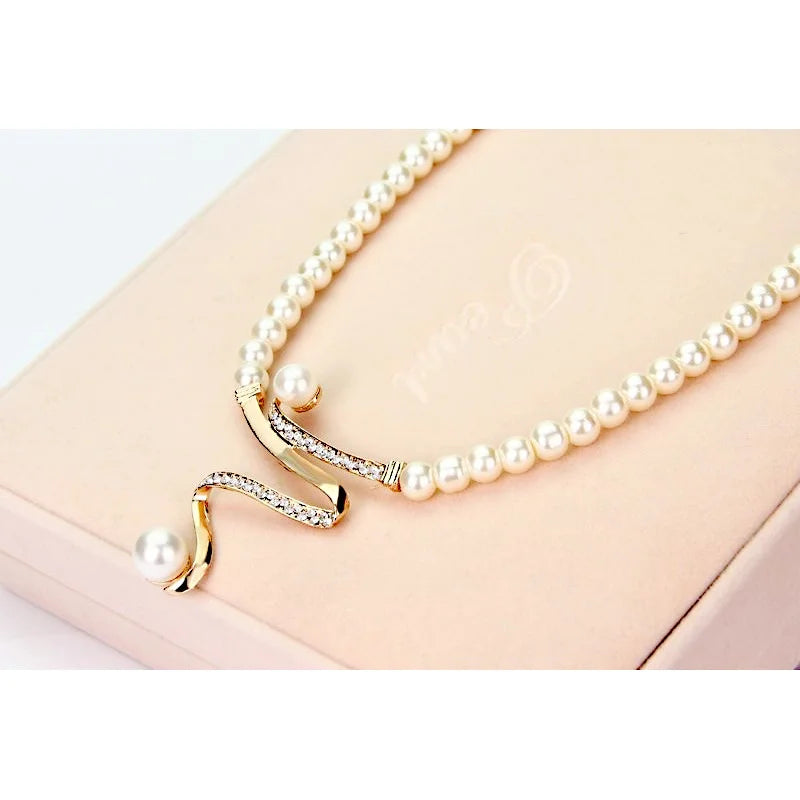 Gold Pearl Rhinestone Jewelry Set Bridal Necklace Earrings