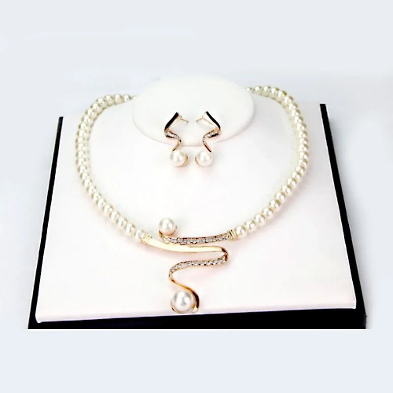 Gold Pearl Rhinestone Jewelry Set Bridal Necklace Earrings