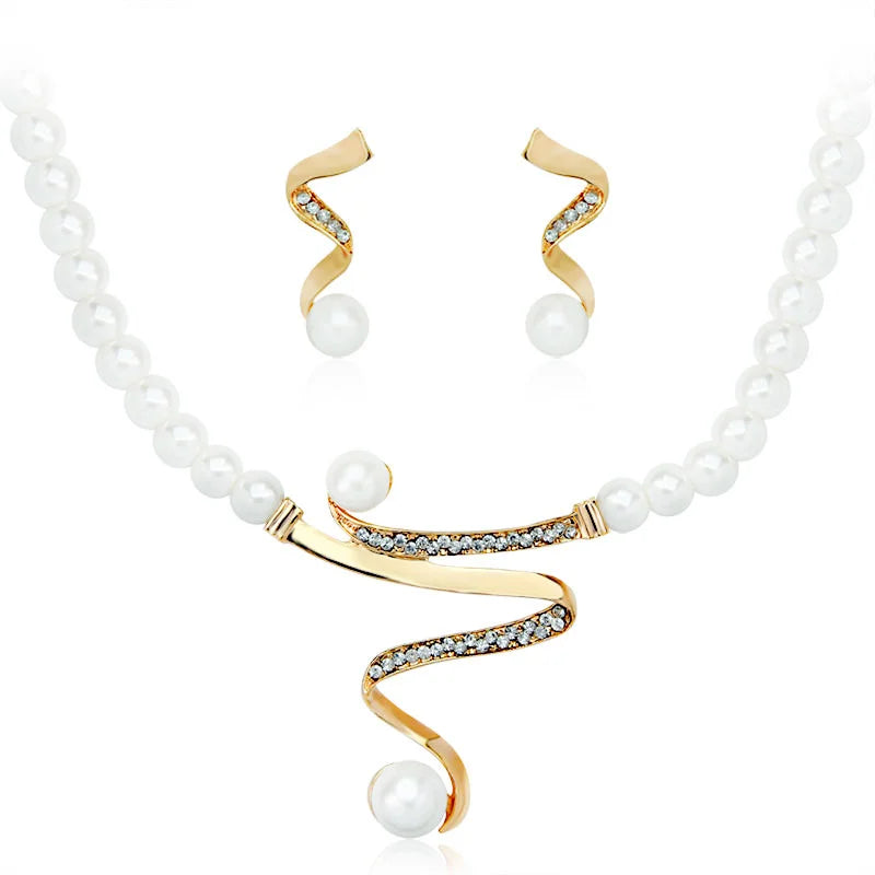 Gold Pearl Rhinestone Jewelry Set Bridal Necklace Earrings