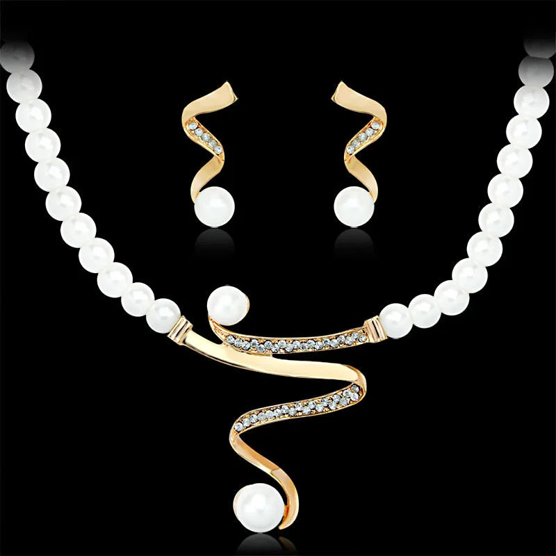 Gold Pearl Rhinestone Jewelry Set Bridal Necklace Earrings