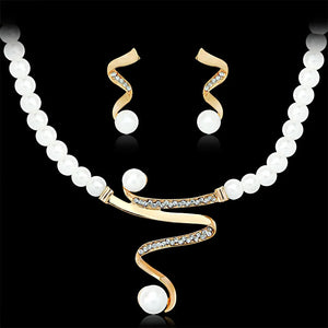 Gold Pearl Rhinestone Jewelry Set Bridal Necklace Earrings