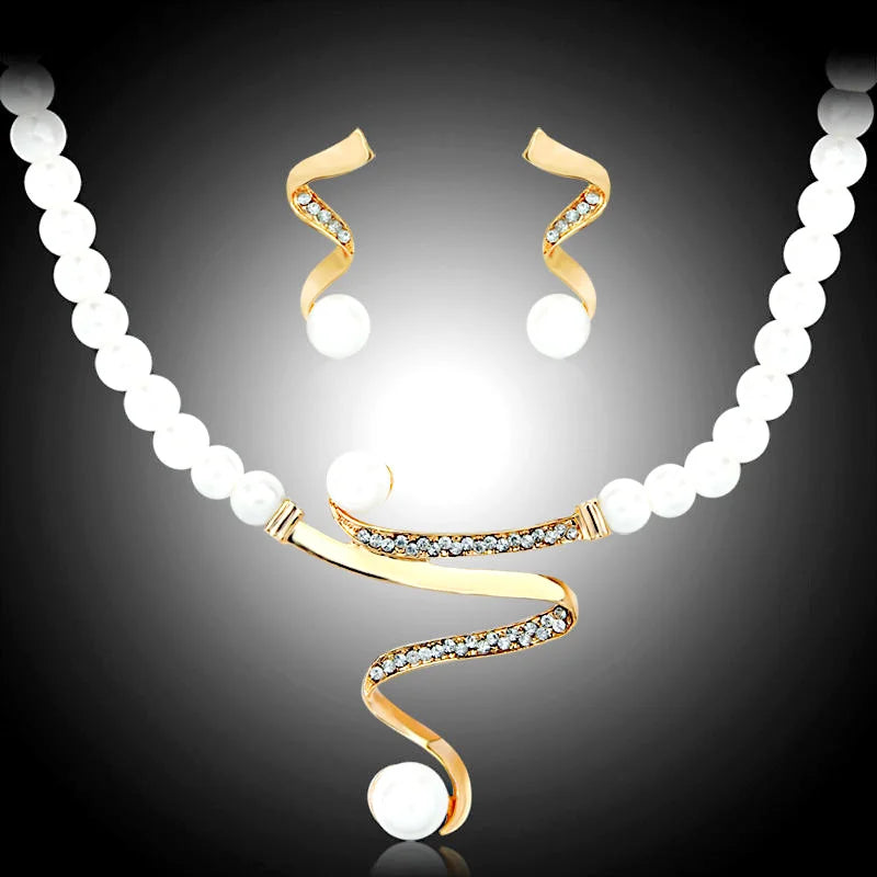 Gold Pearl Rhinestone Jewelry Set Bridal Necklace Earrings