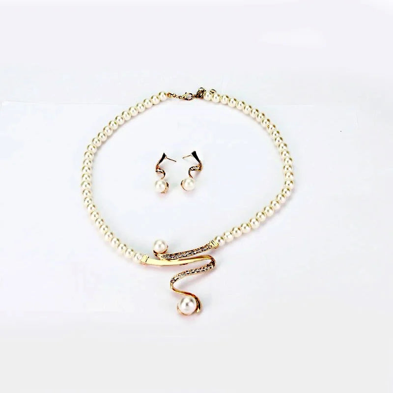Gold Pearl Rhinestone Jewelry Set Bridal Necklace Earrings