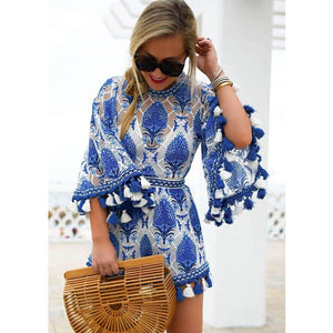 Boho Floral Lace Jumpsuit Tassel Romper Backless One Piece