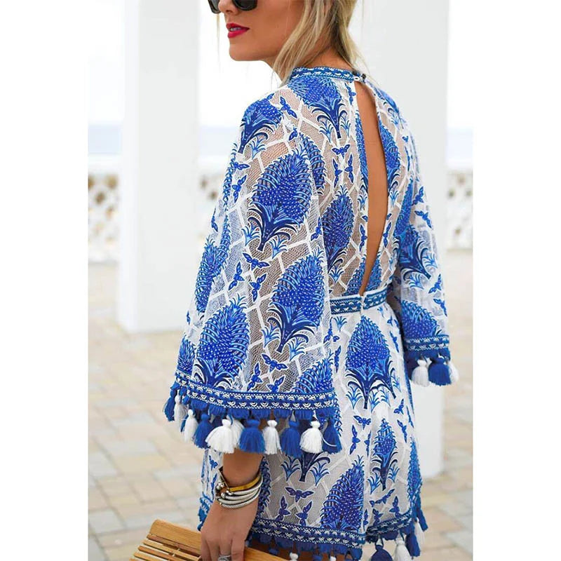Boho Floral Lace Jumpsuit Tassel Romper Backless One Piece