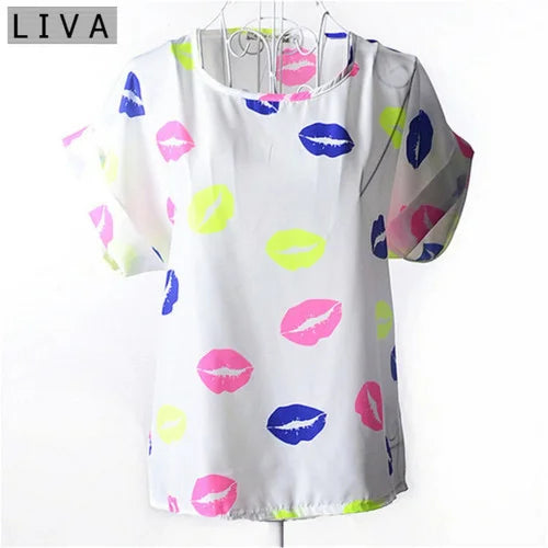 LIVA Neon Lip Print Chiffon Blouse Short Sleeve Women