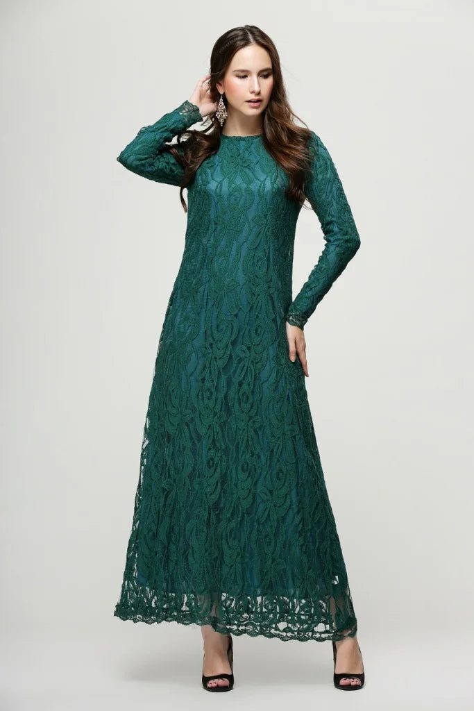 Vintage Lace Long Sleeve Maxi Kaftan Dress Women