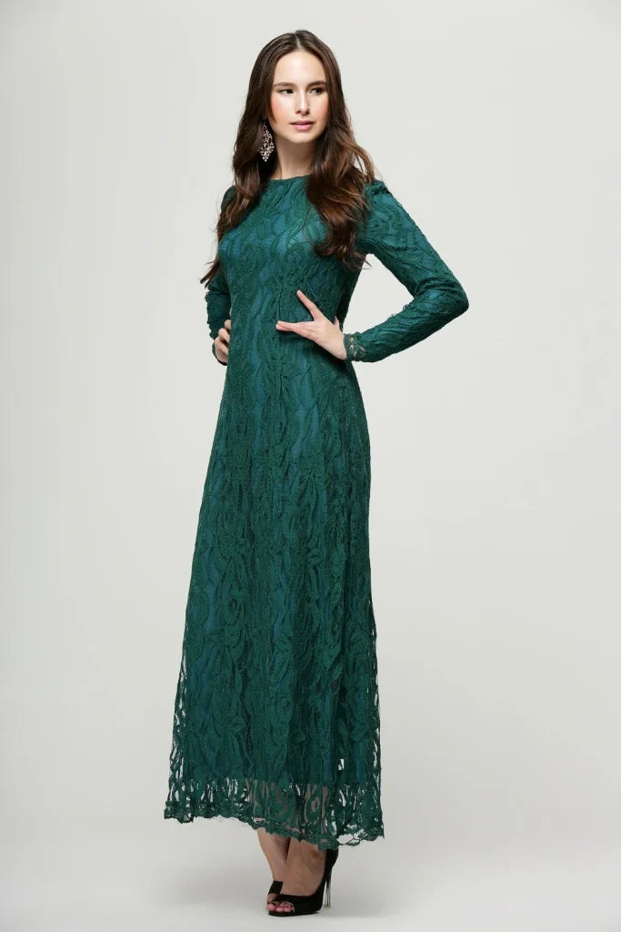 Vintage Lace Long Sleeve Maxi Kaftan Dress Women