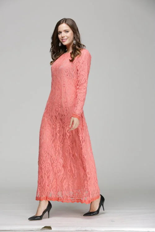 Vintage Lace Long Sleeve Maxi Kaftan Dress Women