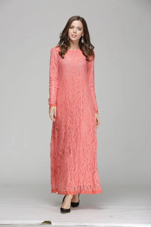 Vintage Lace Long Sleeve Maxi Kaftan Dress Women